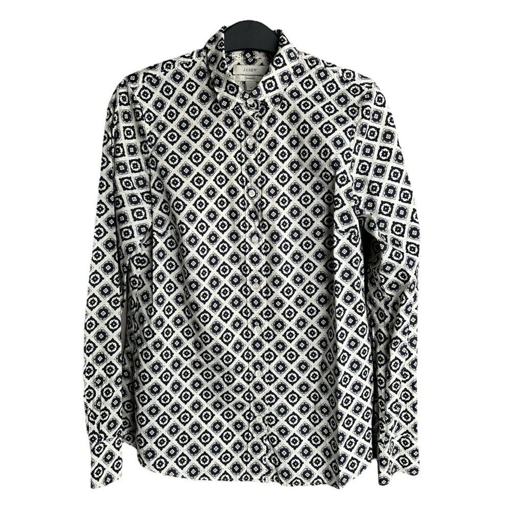 J. Crew Perfect Fit Cotton Button Down Shirt Geometric Print Navy Cream Size 0